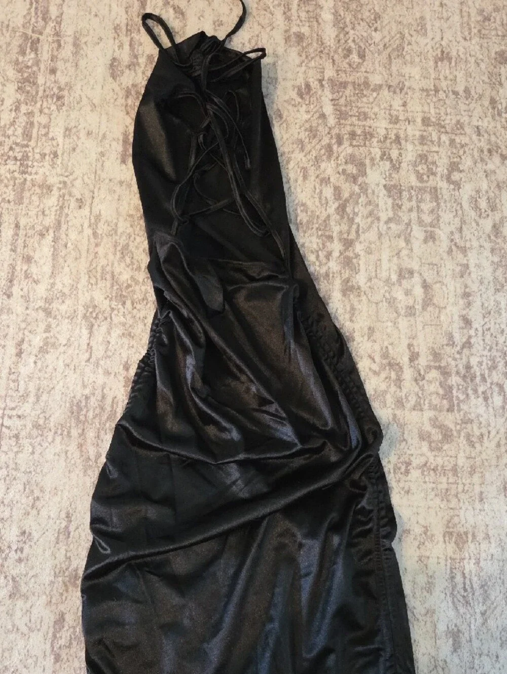 Black Strapless Satin Ruched Midi Dress with Lace-Up Back - Picture 2 of 2
